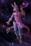  2018 5_fingers abs anadukune anthro beerus bracelet clothing dragon_ball dragon_ball_super feline floating front_view jewelry looking_at_viewer male mammal muscular muscular_male nipples pecs purple_skin seductive smile solo space yellow_eyes 