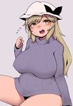  :d black_panties blonde_hair blush breasts flying_sweatdrops hat highres large_breasts long_hair looking_at_viewer oozon_(ozon) open_mouth panties plump ribbed_sweater round_teeth smile solo sweat sweater teeth thick_thighs thighs touhou turtleneck turtleneck_sweater underwear watatsuki_no_toyohime yellow_eyes 