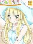  blonde_hair blush braid cursor dress gameplay_mechanics green_eyes hat highres kawahara_natsuki lillie_(pokemon) long_hair pokemon pokemon_(game) pokemon_sm sleeveless sleeveless_dress solo sun_hat twin_braids white_dress white_hat 