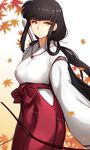  arrow bangs black_hair blunt_bangs bow_(weapon) from_side hakama holding holding_weapon inuyasha japanese_clothes kikyou_(inuyasha) kimono kurowa leaf long_hair looking_at_viewer low_ponytail maple_leaf miko ponytail quiver solo weapon 