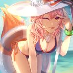  ;p all_fours bikini blue_bikini blue_sky bow bracelet breasts cleavage day eyebrows_visible_through_hair fate/grand_order fate_(series) fox_tail hair_between_eyes hat hat_bow hat_ribbon highres innertube jewelry long_hair looking_at_viewer medium_breasts necklace ocean one_eye_closed orange_ribbon oranggila12 outdoors pink_hair ribbon side-tie_bikini sky solo striped striped_bow striped_ribbon sun_hat swimsuit tail tamamo_(fate)_(all) tamamo_no_mae_(swimsuit_lancer)_(fate) tongue tongue_out transparent white_hat yellow_eyes 