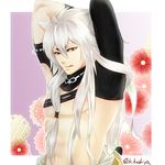  :q animal_ears arms_up bare_chest floral_background fox_ears kogitsunemaru long_hair male_focus red_eyes shirtless solo tongue tongue_out touken_ranbu twitter_username umeno_umeko upper_body white_hair 