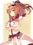  anchor belt breast_hold breast_pocket breasts brown_hair crossed_arms dress grey_eyes hair_between_eyes highres kantai_collection large_breasts long_hair looking_at_viewer mizuyoukan_(mikususannda) neckerchief pocket ponytail red_neckwear saratoga_(kantai_collection) side_ponytail sidelocks smile solo standing upper_body white_dress 