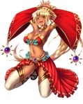  1girl arabian_clothes armpits arms_up belly_dancer blonde_hair breasts cleavage dark_skin earrings eyebrows eyebrows_visible_through_hair feet floating_hair full_body highres kneeling large_breasts legs long_hair looking_at_viewer lots_of_jewelry midriff open_mouth orange_eyes ponytail revealing_clothes sandals sasha_(sennen_sensou_aigis) sennen_sensou_aigis simple_background solo strapless thighhighs thighs thong transparent_background white_background wide_sleeves 