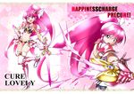  :d adapted_costume aino_megumi armor bikini_armor boots character_name copyright_name cure_lovely dual_persona full_body gloves hair_ornament hair_ribbon hand_on_hip happinesscharge_precure! heart heart_hair_ornament kurose_kousuke long_hair looking_at_viewer magical_girl metal_boots midriff multiple_girls navel open_mouth pink_armor pink_background pink_eyes pink_hair ponytail precure ribbon smile standing standing_on_one_leg sword thigh_boots thighhighs weapon white_ribbon wide_ponytail 