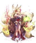  1girl animal_ears bare_shoulders blonde_hair breasts cleavage detached_collar feet fox_ears fox_girl fox_tail full_body highres japanese_clothes kayou_(sennen_sensou_aigis) kimono kyuubi large_breasts legs long_fingernails long_hair looking_at_viewer magic multiple_tails nail_polish obi open_mouth petals pink_eyes sandals sennen_sensou_aigis simple_background socks solo standing tail thighs transparent_background white_background white_socks wide_sleeves 