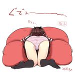  ass bent_over black_legwear brown_hair brown_skirt cameltoe commentary_request from_behind kantai_collection kneeling panties pink_panties school_uniform shikinami_(kantai_collection) short_ponytail skirt skirt_lift sleeping socks solo thighs toda_kazuki underwear zzz 