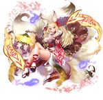  1girl animal_ears bare_shoulders blonde_hair breasts cleavage feet fox_ears fox_girl fox_tail full_body highres japanese_clothes kayou_(sennen_sensou_aigis) kimono kyuubi large_breasts legs legs_crossed long_hair looking_at_viewer magic multiple_tails nail_polish obi petals pink_eyes sandals sennen_sensou_aigis simple_background sitting smile socks solo tail thighs transparent_background white_background white_socks 