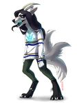  barefoot black_hair black_lips black_tongue canine clothed clothing curved_horn demon digitigrade female fox hair hauringu horn hybrid mammal open_mouth simple_background smooth_horn solo standing teeth tongue white_background 