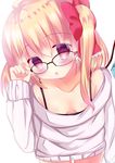  :o adjusting_eyewear alternate_costume arm_at_side bespectacled blonde_hair bow breasts collarbone commentary_request dress eyebrows eyebrows_visible_through_hair eyes_visible_through_hair flandre_scarlet glasses hair_between_eyes hair_bow hair_ribbon leaning_forward looking_at_viewer off-shoulder_sweater red_eyes ribbon rikatan side_ponytail small_breasts solo sweater sweater_dress thighs touhou 