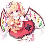  ahoge ascot bandages blonde_hair bow bowtie collared_shirt crystal fang flandre_scarlet frilled_legwear frilled_shirt_collar frilled_skirt frilled_sleeves frilled_vest frills gradient_eyes hair_between_eyes hair_bow hairband hat looking_at_viewer mary_janes mini_hat mini_top_hat multicolored multicolored_eyes pink_footwear puffy_short_sleeves puffy_sleeves red_bow red_eyes red_neckwear red_skirt red_vest rikatan shirt shoes short_sleeves side_ponytail skirt smile solo stuffed_animal stuffed_toy teddy_bear thighhighs top_hat touhou vest white_hat white_legwear white_shirt wings yellow_eyes 