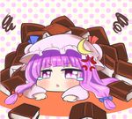  :o anger_vein bangs blue_bow blue_ribbon blunt_bangs blush book bow buried chibi commentary_request crescent hair_bow hat hat_ribbon looking_at_viewer lying mob_cap on_stomach parted_lips patchouli_knowledge purple_eyes purple_hair red_bow red_ribbon ribbon shinyafuru sidelocks solo squiggle tears touhou triangle_mouth v-shaped_eyebrows 