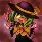  :d black_hat blush chibi commentary_request corded_phone cowboy_shot eyeball frilled_sleeves frills glowing glowing_eye green_eyes green_hair green_skirt hair_over_one_eye hat hat_ribbon heart heart_of_string holding holding_knife knife komeiji_koishi long_sleeves looking_at_viewer open_mouth phone ribbon shinyafuru shirt skirt smile solo third_eye touhou wide_sleeves yandere yellow_ribbon yellow_shirt 