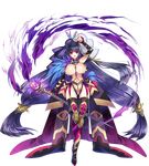  absurdly_long_hair agnes_(sennen_sensou_aigis) arm_up awakening_(sennen_sensou_aigis) boots breasts detached_sleeves full_body garter_straps hat highres holding holding_staff knee_boots large_breasts long_hair looking_at_viewer magic navel official_art open_mouth purple_hair red_eyes sennen_sensou_aigis skull solo staff thigh_boots thighhighs transparent_background very_long_hair yuasa_akira 