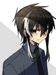  black_shirt formal hair_between_eyes karakuri_shoujo misaki_otone multicolored_hair nakano_futaba necktie nervous original shirt short_hair sidelocks simple_background solo two-tone_hair upper_body very_short_hair 