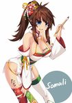  2016 bangs bare_shoulders blue_eyes body_writing breasts brown_hair calligraphy_brush character_name cleavage dangan_neko detached_sleeves floral_print green_legwear hagoita hair_between_eyes hair_ornament halterneck hand_up hanetsuki highres holding japanese_clothes kimono large_breasts leaning_forward long_hair mismatched_legwear obi open_mouth original paddle paintbrush ponytail red_legwear sash shiny shiny_skin short_kimono smile solo somali_(dangan_neko) teeth thighhighs thighs translated white_kimono white_legwear 