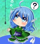 ? ahoge blue_hair blush chibi commentary_request fishing_hook fishing_line fishing_lure full_body head_fins japanese_clothes kimono long_sleeves looking_at_another mermaid monster_girl obi parted_lips ringlets sash shinyafuru solo spoken_question_mark touhou underwater wakasagihime wide_sleeves 