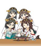  :d ;d absurdres ahoge black_hair book brown_eyes brown_hair commentary_request detached_sleeves double_bun glasses grey_hair hairband haruna_(kantai_collection) hiei_(kantai_collection) highres holding hoshino_banchou kantai_collection kirishima_(kantai_collection) kongou_(battleship) kongou_(kantai_collection) long_hair military military_vehicle model model_ship multiple_girls nontraditional_miko one_eye_closed open_mouth petting plamo pointing ship short_hair silver_eyes simple_background smile translation_request warship watercraft white_background 