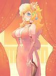  alternate_costume bad_id bad_pixiv_id blonde_hair blue_eyes breasts choker cleavage curtains dress earrings elbow_gloves flower garter_straps gem gloves hair_flower hair_ornament hand_on_own_chest jewelry large_breasts long_hair mario_(series) midriff midriff_peek necklace no_bra no_panties pink_dress porch princess_peach sideboob solo super_mario_bros. thighhighs thighs water_drop zabumaku 