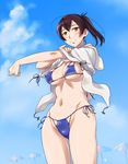  ass_visible_through_thighs beach_umbrella bikini blue_bikini blush breasts brown_hair closed_mouth cloud covered_nipples cowboy_shot day groin hair_between_eyes head_tilt hood hooded_jacket jacket kaga_(kantai_collection) kantai_collection looking_at_viewer medium_breasts navel open_clothes open_jacket outdoors outstretched_arm sameha_ikuya side-tie_bikini side_ponytail sky smile solo swimsuit umbrella yellow_eyes 