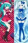  blue_eyes blue_footwear boots candy candy_cane daki-makura dakimakura dress dual_persona finger_to_mouth food frilled_pillow frills gift gloves green_eyes green_hair hat hatsune_miku leg_ribbon long_hair miniskirt mittens multiple_girls pillow pleated_skirt polka_dot red_dress red_gloves ribbon santa_costume santa_hat short_dress skirt striped striped_pillow thigh_boots thighhighs twintails very_long_hair vocaloid white_hair yuki_miku zettai_ryouiki 