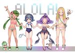  :3 acerola_(pokemon) arm_grab arm_up ass_visible_through_thighs bikini blonde_hair blue_eyes blue_hair blue_sailor_collar breasts closed_mouth covered_navel dress eating elite_four facepaint flat_chest flower fomantis food gen_7_pokemon green_eyes green_hair hair_flower hair_ornament hairband holding_hands interlocked_fingers long_hair looking_at_viewer low_twintails mao_(pokemon) matanonki matsurika_(pokemon) mimikyu multiple_girls navel one-piece_swimsuit onigiri open_mouth outstretched_arm pokemon pokemon_(creature) pokemon_(game) pokemon_sm purple_hair ribombee sailor_collar school_swimsuit shirt shoes short_hair sidelocks simple_background small_breasts smile standing suiren_(pokemon) swimsuit trial_captain twintails white_background wishiwashi 