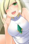 :d alternate_breast_size bare_arms bare_shoulders blonde_hair blush breasts collarbone dress gem green_eyes hair_over_one_eye heavy_breathing highres implied_sex large_breasts long_hair looking_at_viewer lusamine_(pokemon) nishi_koutarou open_mouth pokemon pokemon_(game) pokemon_sm sleeveless sleeveless_dress smile solo sweat taut_clothes taut_dress teeth very_long_hair white_dress 