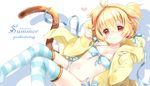  adapted_costume andira_(granblue_fantasy) animal_ears artist_name bikini blonde_hair breasts copyright_name cursive english erune granblue_fantasy hairband hinayuki_usa hood hooded_jacket hoodie jacket looking_at_viewer monkey_ears monkey_tail navel no_shoes open_clothes open_hoodie open_jacket red_eyes side-tie_bikini small_breasts smile solo striped striped_legwear swimsuit tail thighhighs two_side_up 
