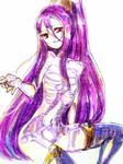  1girl arc_system_works artist_request bare_shoulders blazblue blazblue:_central_fiction grin hades_izanami hair_ornament long_hair looking_at_viewer nude ponytail purple_hair red_eyes rough_sketch skeleton sketch smile solo thighhighs very_long_hair x-ray 