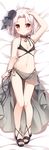  anchor bikini black_bikini black_flower black_rose blush choker dakimakura flower full_body hair_flower hair_ornament looking_at_viewer lying navel on_back red_eyes rose sandals sarong short_hair smile solo swimsuit vittorio_veneto_(zhan_jian_shao_nyu) white_hair xia_xiang_(ozicha) zhan_jian_shao_nyu 