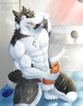  abs anthro balls biceps big_balls big_muscles big_penis black_fur chest_tuft claws clothed clothing cum cumshot discordnight dog_tags ejaculation erection eyes_closed fur grey_background hair hi_res knot male masturbation muscular nude orgasm pecs penile_masturbation penis shower_room simple_background smile solo standing thick_penis tongue tongue_out tuft white_fur zupat 