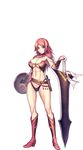  1girl abs big_sword bikini_armor black_thong blue_eyes boots breasts character_request cleavage full_body highres knife large_breasts legs long_hair looking_at_viewer navel pink_hair sennen_sensou_aigis shield shoulder_pads simple_background smile solo standing sword thighs thong transparent_background weapon white_background 