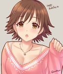 blush breasts brown_eyes brown_hair cleavage hair_ornament hairclip happy_birthday honda_mio idolmaster idolmaster_cinderella_girls jewelry large_breasts looking_at_viewer necklace open_mouth short_hair simple_background solo star star_necklace tayu_(yuntayu) 
