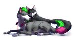  2014 4_toes black_fur canine duo feral fur green_eyes green_hair grey_fur grey_nose hair hauringu lying mammal nude pawpads paws simple_background smile toes white_background wolf yellow_eyes 