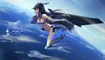  aircraft_carrier black_hair breasts cleavage cloud elbow_gloves full_body gloves j-20 long_hair medium_breasts military military_vehicle ocean original personification red_eyes ship solo thighhighs wangchuan_de_quanyan warship watercraft 