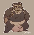  2016 anthro balls belly big_balls canid canine clothing donryu flaccid humanoid_hands male mammal navel one_eye_closed overweight overweight_male penis raccoon_dog shirt simple_background solo tanuki wink 