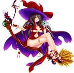  1girl animal ass big_hat black_hair blue_eyes breasts broom cape cat cleavage cleavage_cutout despia_(sennen_sensou_aigis) dress feet fingerless_gloves full_body hat highres large_breasts legs legs_crossed long_hair looking_at_viewer nail_polish navel red_dress sandals sennen_sensou_aigis simple_background sitting smile thighs toes transparent_background white_background witch_hat 