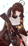  absurdres antenna_hair bangs battle_rifle black_ribbon blurry blurry_background blush brown_eyes brown_hair brown_jacket chinese_commentary collared_shirt commentary_request depth_of_field eyebrows_visible_through_hair girls_frontline gun hair_between_eyes hair_ribbon head_tilt highres holding holding_gun holding_weapon jacket long_hair long_sleeves looking_at_viewer m14 m14_(girls_frontline) object_namesake off_shoulder parted_lips petals ribbon rifle ru_zhai shirt sitting sleeves_past_wrists solo twintails very_long_hair weapon white_background white_shirt wide_sleeves 