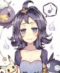  :3 acerola_(pokemon) armlet arms_at_sides blue_eyes blue_fire blush closed_mouth collarbone drifloon eighth_note elite_four fire gen_3_pokemon gen_4_pokemon gen_7_pokemon head_tilt highres jitome kvlen looking_at_another mimikyu motion_lines musical_note pokemon pokemon_(creature) pokemon_(game) pokemon_sm purple_hair sableye sharp_teeth speech_bubble spoken_musical_note teeth topknot trial_captain upper_body white_background 