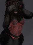  anthro black_hair bra breasts caprine clothed clothing ear_piercing female fur grey_background hair hi_res long_hair looking_at_viewer mammal nipples oouna panties piercing pink_nipples sheep simple_background skimpy smile solo translucent transparent_clothing underwear wide_hips 