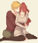  1girl arm_support biting blonde_hair blush breasts chuu cleavage closed_eyes ear_biting hug hug_from_behind jaune_arc large_breasts pantyhose ponytail pyrrha_nikos red_hair rwby sitting sweater wariza 