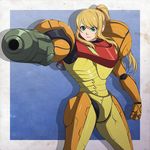  aiming_at_viewer arm_cannon armor blonde_hair blue_background green_eyes grey_background helmet highres lips long_hair metroid no_headwear no_helmet ponytail power_armor samus_aran shoulder_pads sidelocks solo spike_wible tied_hair varia_suit weapon 