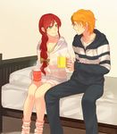  1girl alternate_costume blush braid breasts casual chuu cleavage coffee_mug cup eye_contact green_eyes hood hoodie jaune_arc long_hair looking_at_another loose_socks medium_breasts mug on_bed pillow pyrrha_nikos red_hair rwby single_braid sitting sitting_on_bed smile socks steam 