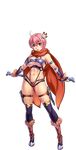  1girl bare_shoulders berna_(sennen_sensou_aigis) bikini_armor boots breasts feet flower full_body gauntlets hair_flower hair_ornament highres holding large_breasts legs looking_at_viewer navel parted_lips pink_eyes pink_hair scarf sennen_sensou_aigis short_hair simple_background smile solo thighs thong transparent_background white_background 