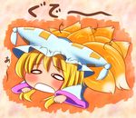  blonde_hair blush chibi commentary_request dress fox_tail hat kitsune kyuubi long_sleeves lying multiple_tails on_stomach open_mouth pillow_hat shinyafuru solid_oval_eyes solo tail tassel touhou white_dress wide_sleeves yakumo_ran 