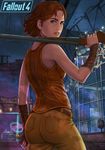  ass barbed_wire bare_shoulders blue_eyes breasts cait_(fallout_4) double_barrels fallout fallout_4 gun looking_back medium_breasts neon_lights over_shoulder pants red_hair short_hair shotgun solo vest weapon weapon_over_shoulder wrist_guards yorimitsu 