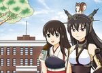  :d akagi_(kantai_collection) animal animal_on_head black_eyes black_hair brown_eyes building commentary_request food headgear highres holding hoshino_banchou japanese_clothes kantai_collection long_hair looking_at_viewer multiple_girls muneate nagato_(kantai_collection) on_head open_mouth smile squirrel tasuki translation_request tree_branch 