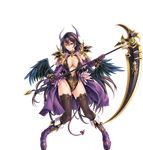  arm_guards armor bangs black_legwear boots breasts brown_eyes brown_hair cape center_opening cleavage demon_girl demon_horns demon_tail elbow_gloves full_body gloves holding holding_weapon horns knee_boots large_breasts leotard long_hair looking_at_viewer makirin official_art scythe sennen_sensou_aigis shoulder_armor smile solo sophie_(sennen_sensou_aigis) standing tail transparent_background weapon wings 