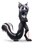  2015 4_toes anthro breasts collar digitigrade ear_piercing featureless_breasts female grey_eyes grey_hair grey_nose hair hauringu mammal nude piercing simple_background skunk solo standing toes tongue white_background wide_hips 