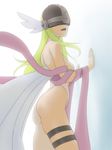  :o angewomon ass asymmetrical_legwear bare_shoulders blonde_hair breasts covered_eyes cowboy_shot digimon facing_viewer from_side hands_on_wall helmet large_breasts long_hair muramura_hito parted_lips revealing_clothes skindentation solo white_legwear 